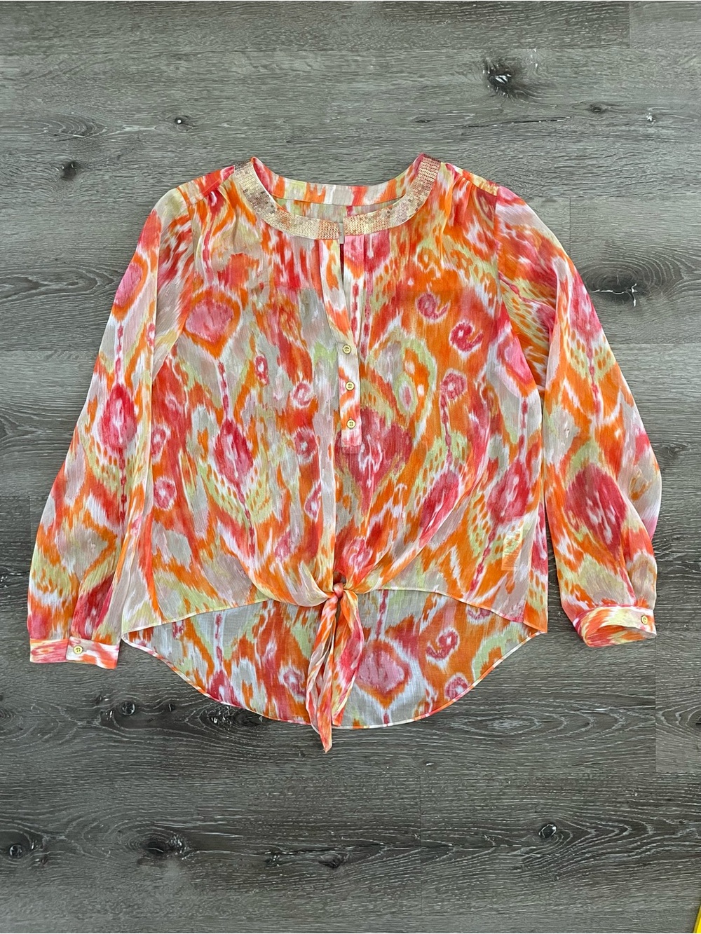 Chico's Orange Ikat Moria sheer button sequin tie front Blouse sz 1 medium